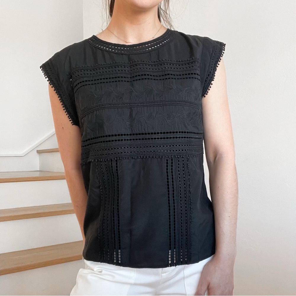 Veronica Beard Silk Blend Black Lace Eyelet Sheer Embroidered Blouse Top Size 4